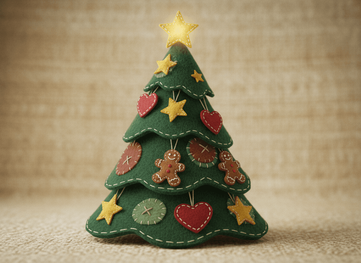 부드러운 직물 질감과 바느질된 펠트 장식이 있는 펠트 직물 공예 크리스마스 트리 일러스트.