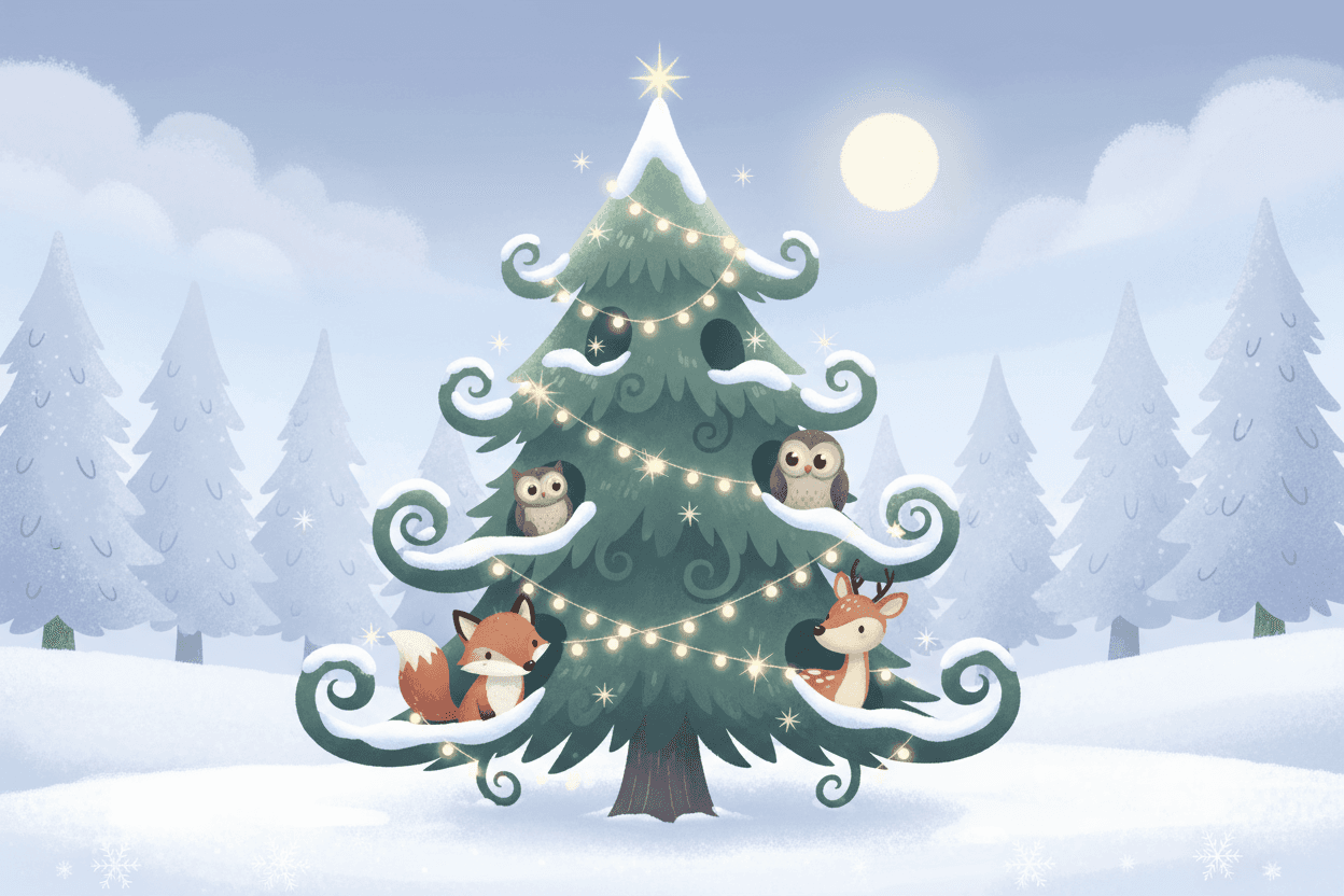 눈 덮인 배경에 숲 동물과 요정 조명이 있는 환상적인 만화 크리스마스 트리.