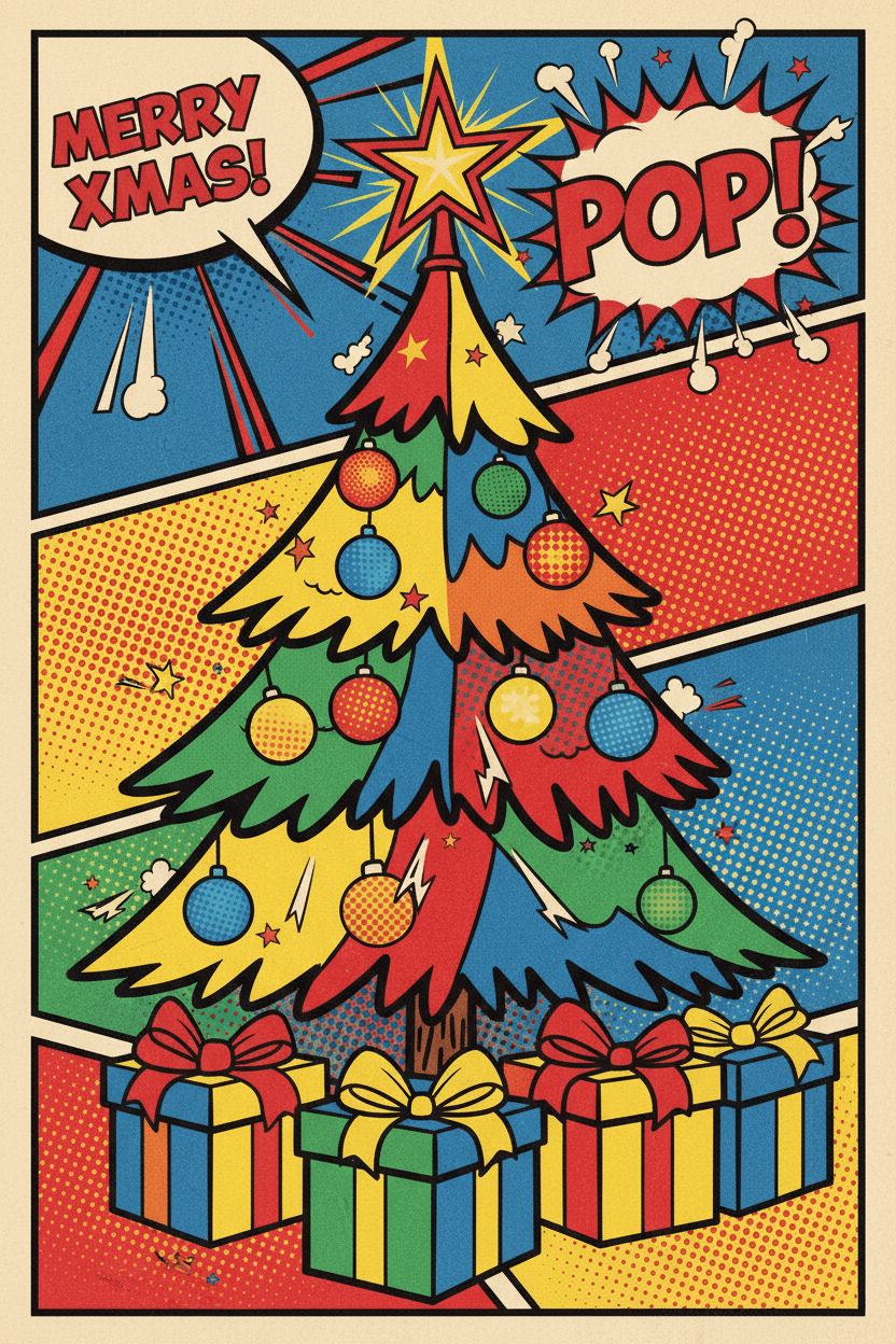 굵은 윤곽선과 원색을 사용한 팝아트 크리스마스 트리 일러스트, 복고풍 만화책 스타일.
