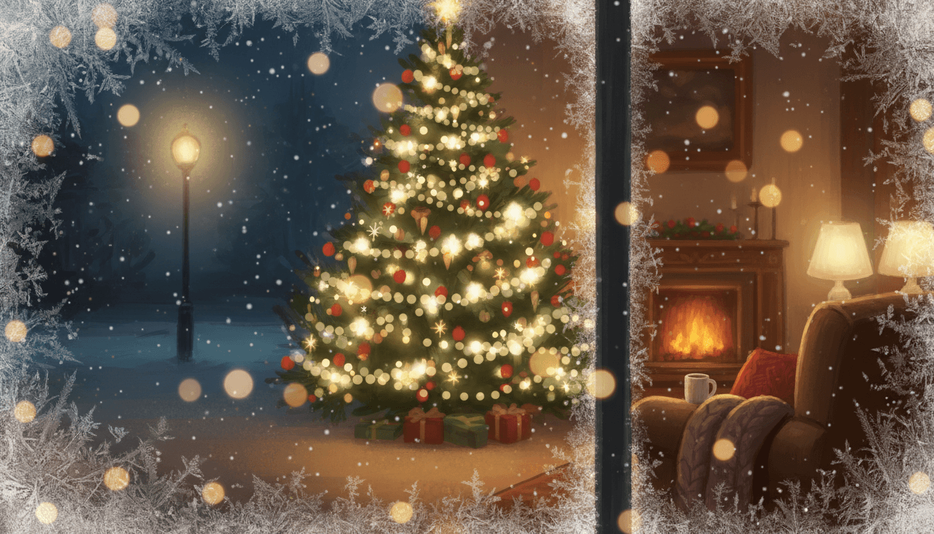 포근한 실내 조명이 있는 성에 낀 창문을 통해 보이는 크리스마스 트리 일러스트.