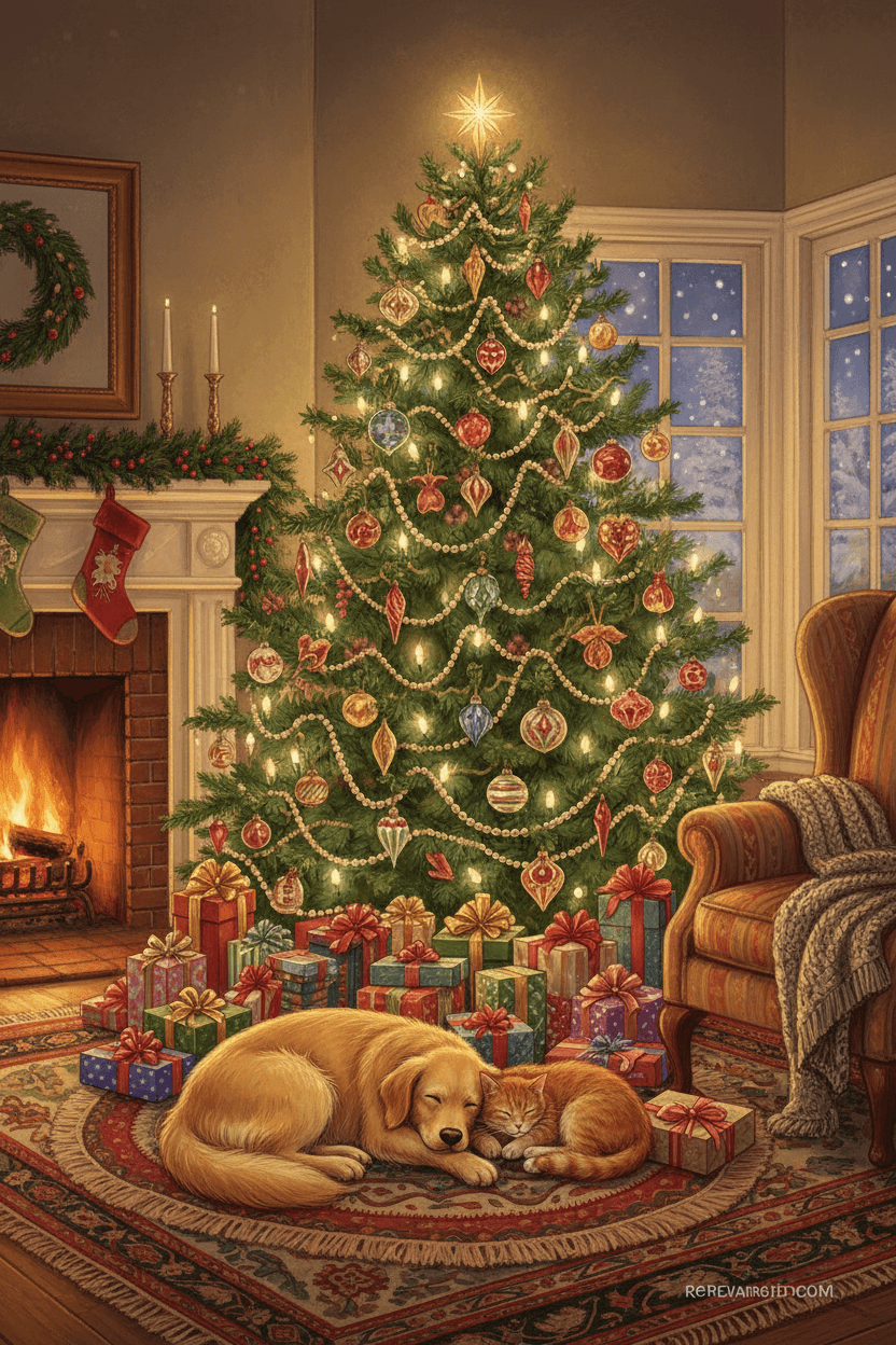 나무 밑에 웅크리고 있는 반려동물들과 흩어진 선물들, 따뜻한 실내 불빛이 있는 아늑한 크리스마스 트리 일러스트.