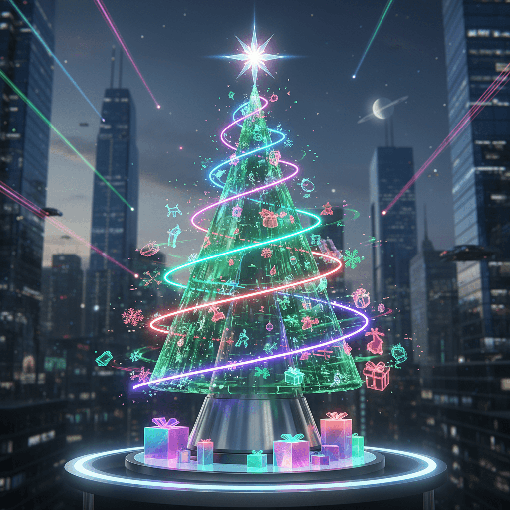 홀로그램 프로젝션과 네온 조명이 있는 미래 지향적인 크리스마스 트리 일러스트, 세련된 금속 스탠드.