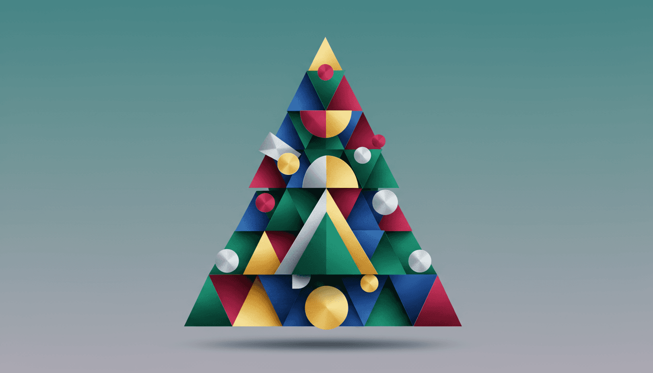 조화로운 색상 팔레트의 서로 맞물린 기하학적 도형으로 구성된 추상적인 크리스마스 트리 일러스트, 현대적이고 예술적인 디자인.