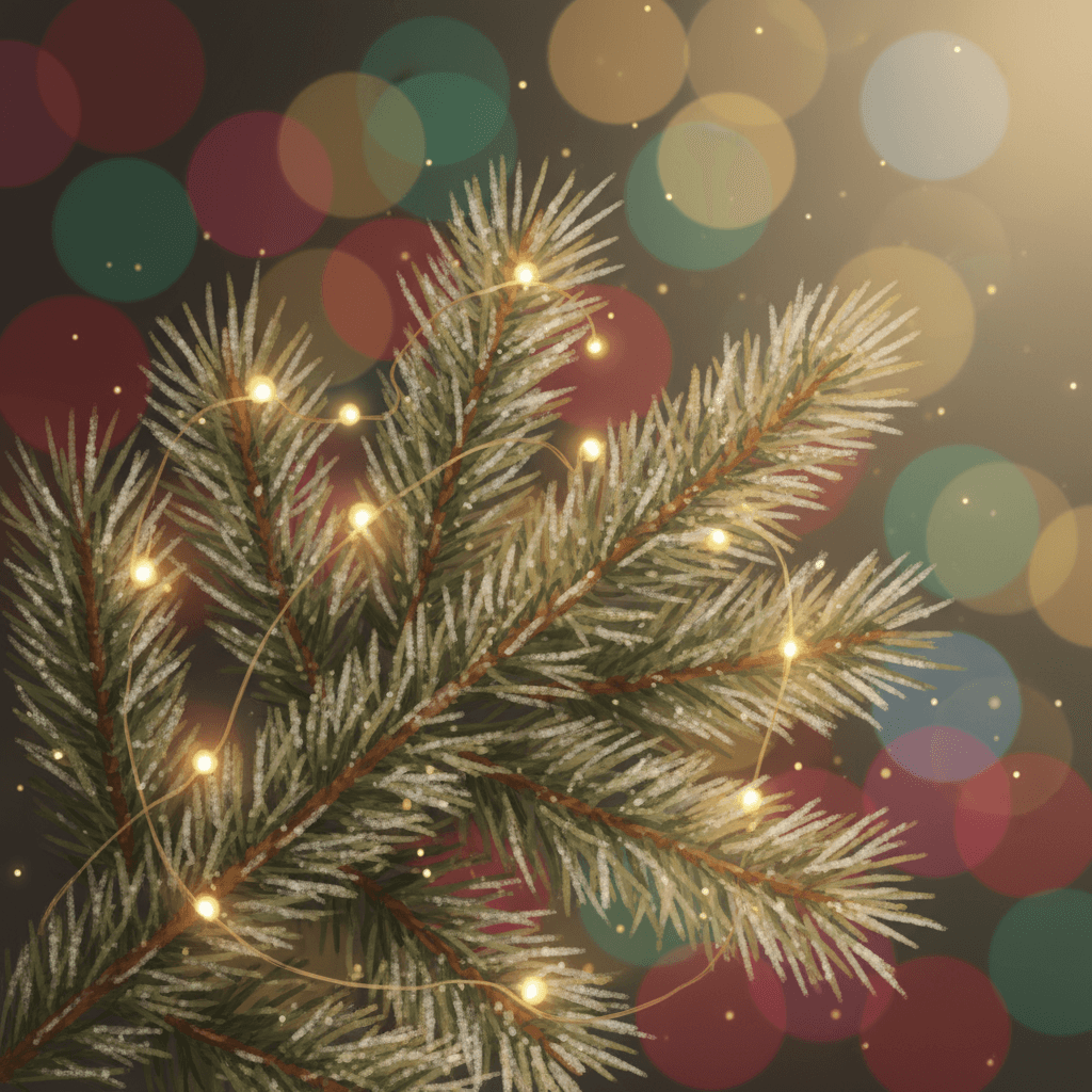 반짝이는 요정 조명과 아름다운 보케 배경이 있는 크리스마스 트리 가지의 클로즈업 일러스트.