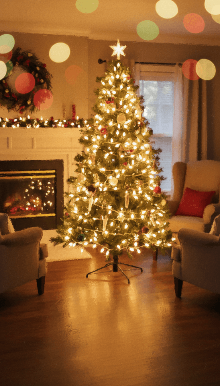 부드러운 보케 효과와 함께 따뜻하고 아늑한 빛을 내는 크리스마스 트리, 친밀하고 분위기 있는 일러스트.