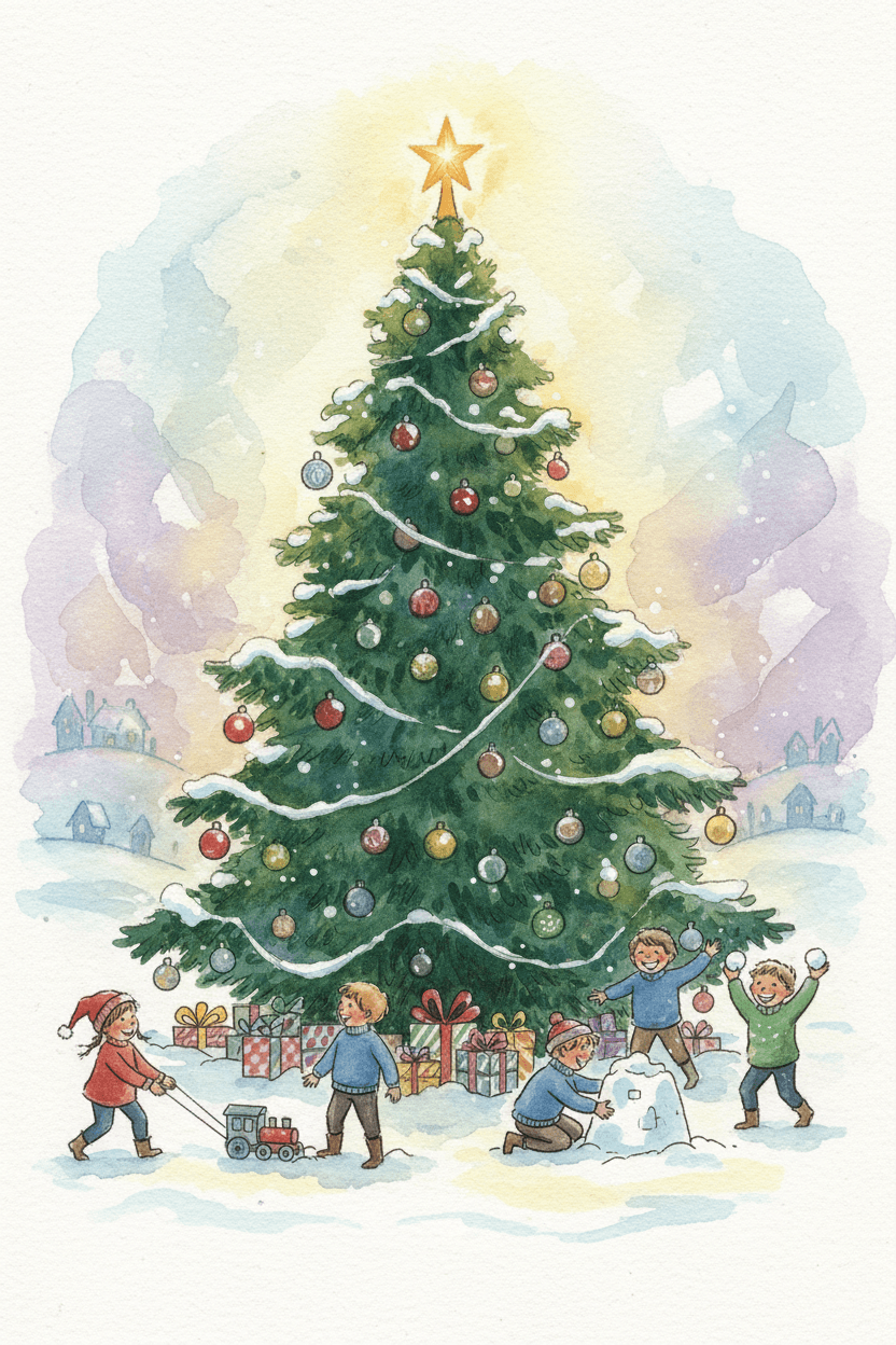 아이들이 노는 모습을 담은 손으로 그린 수채화 크리스마스 트리 일러스트, 부드러운 조명.