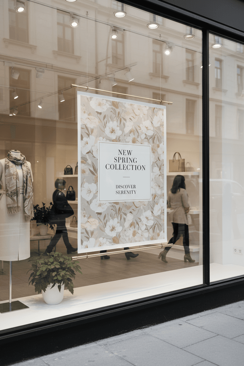 부티크 상점 창문에 전시된 포스터 목업.