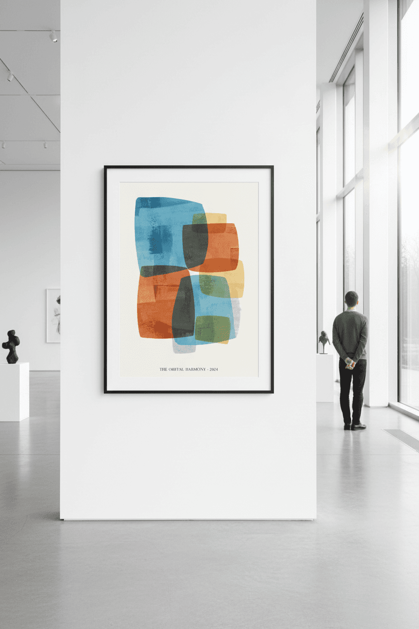 밝게 조명된 현대 미술 갤러리에 걸린 액자 아트 포스터 목업.