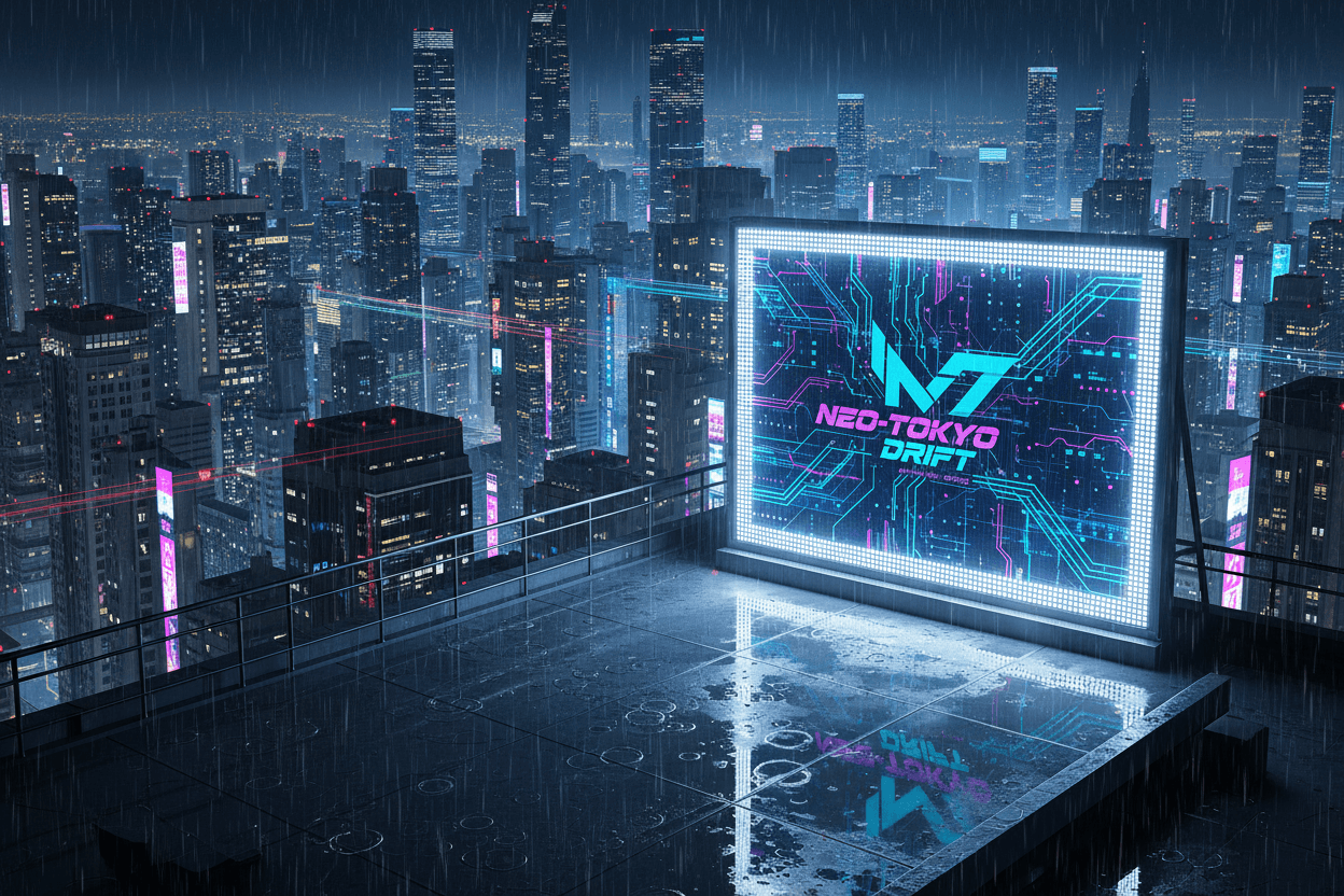 야경 속 마천루 옥상, 도시의 불빛으로 빛나는 대형 야외 포스터 목업, 비 오는 날씨의 사이버펑크 도시 스카이라인 파노라마.