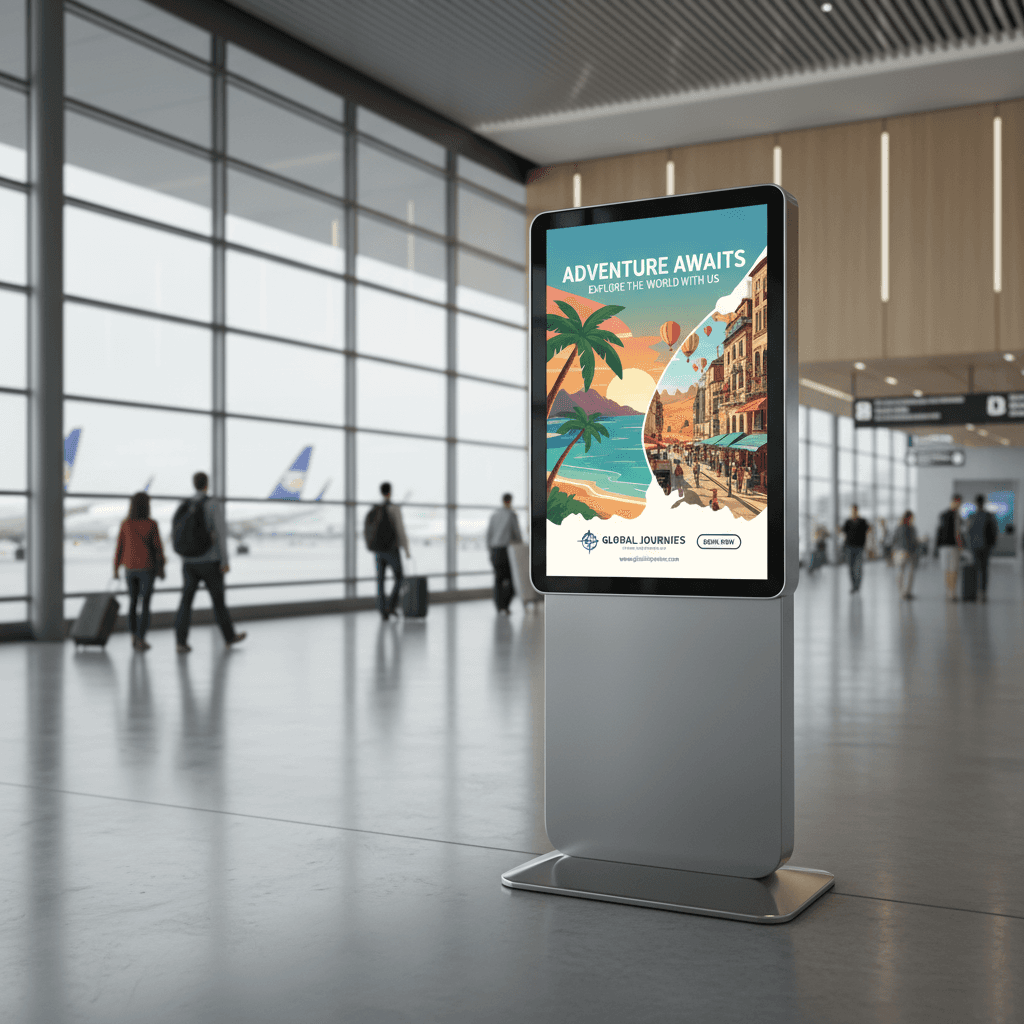 공항 터치스크린 키오스크에 표시된 여행사 포스터 목업.