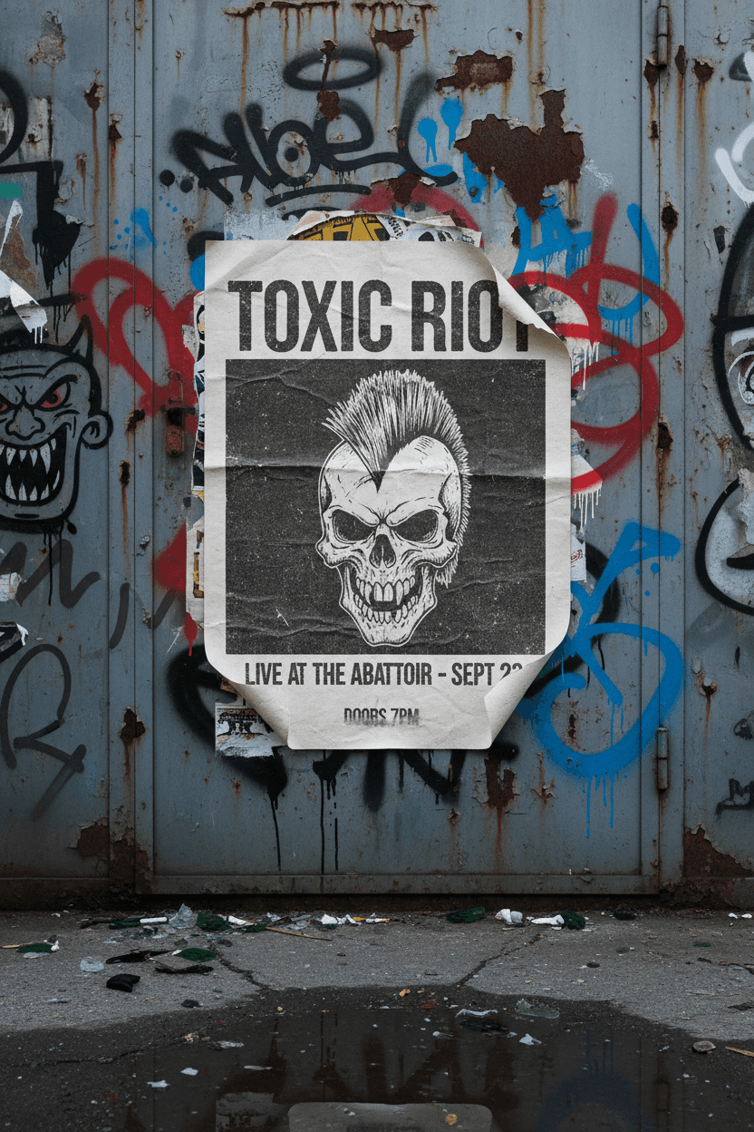 그래피티가 그려진 낡은 금속 문에 붙은 그런지 콘서트 포스터 목업.