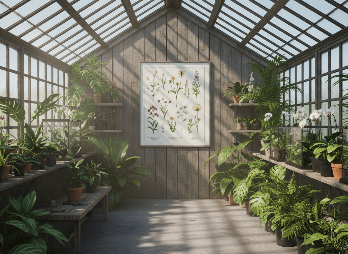 햇볕이 잘 드는 온실에 걸린 식물 일러스트 포스터 목업.