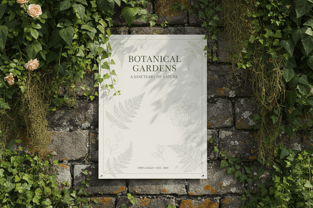 식물원의 오래된 돌 벽에 있는 포스터 목업.