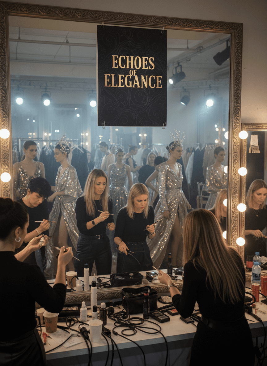 혼란스럽지만 화려한 패션 런웨이 백스테이지, 분장실 거울에 붙여진 패션쇼 포스터 목업, 분주한 메이크업 아티스트와 모델들.