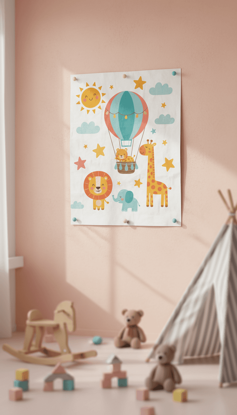 파스텔 벽에 붙은 화려한 어린이 방 포스터 목업.