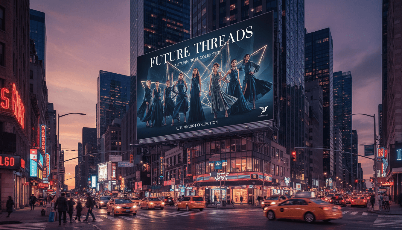 황혼녘 번화한 도시 거리를 내려다보는 대형 빌보드에 걸린 패션 캠페인 포스터 목업.
