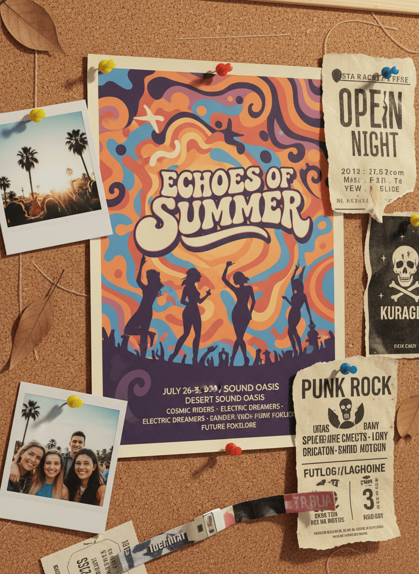 다양한 소품과 함께 코르크 보드에 핀으로 고정된 음악 페스티벌 포스터 목업.