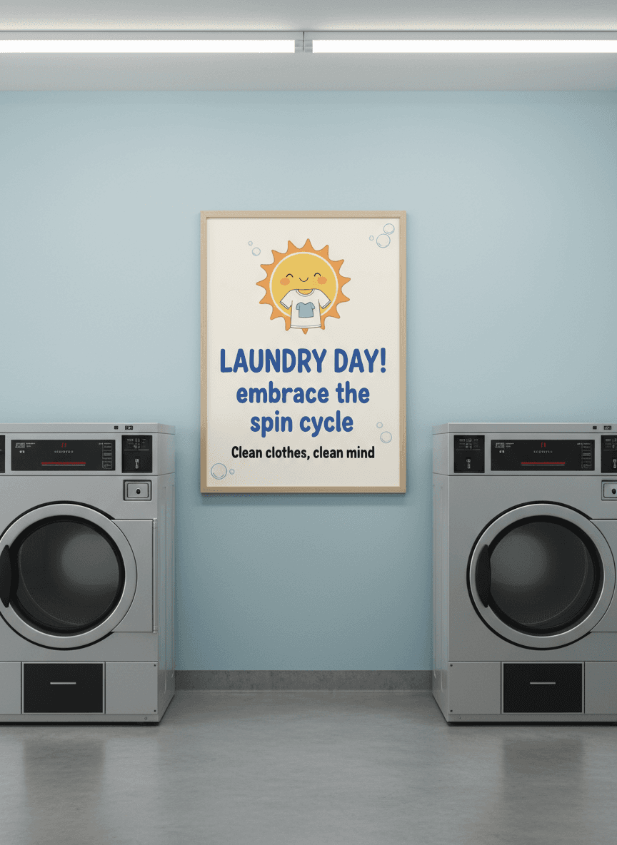 세탁기 사이에 있는 세탁소 내부 포스터 목업.