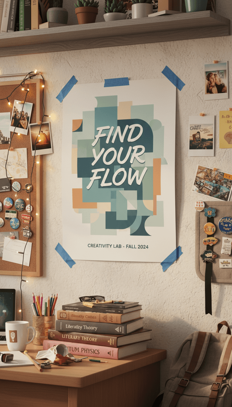 개성 넘치는 벽에 붙은 학생 기숙사 방 포스터 목업.