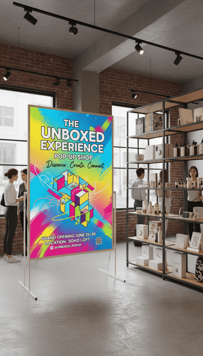 현대적인 팝업 스토어의 트렌디한 포스터 목업.