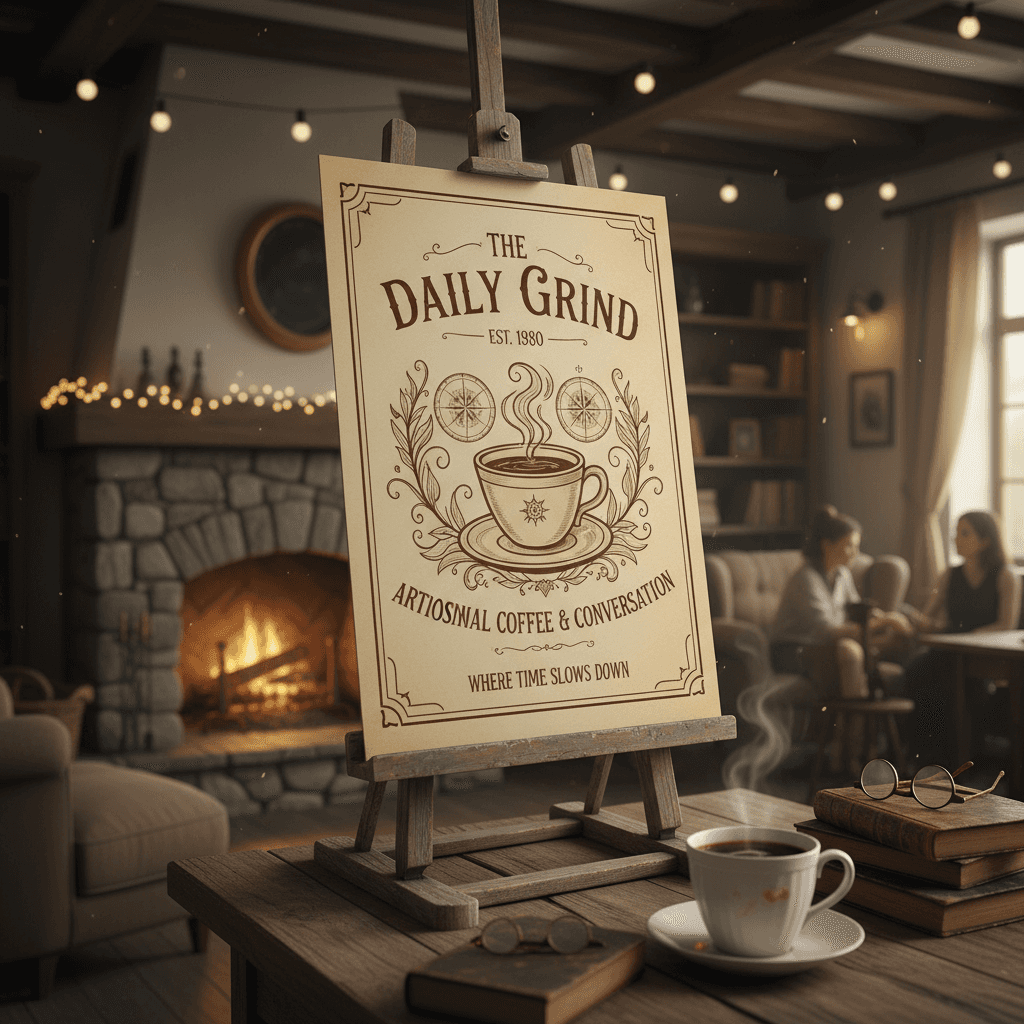 아늑한 카페의 나무 이젤 위에 있는 빈티지 포스터 목업.