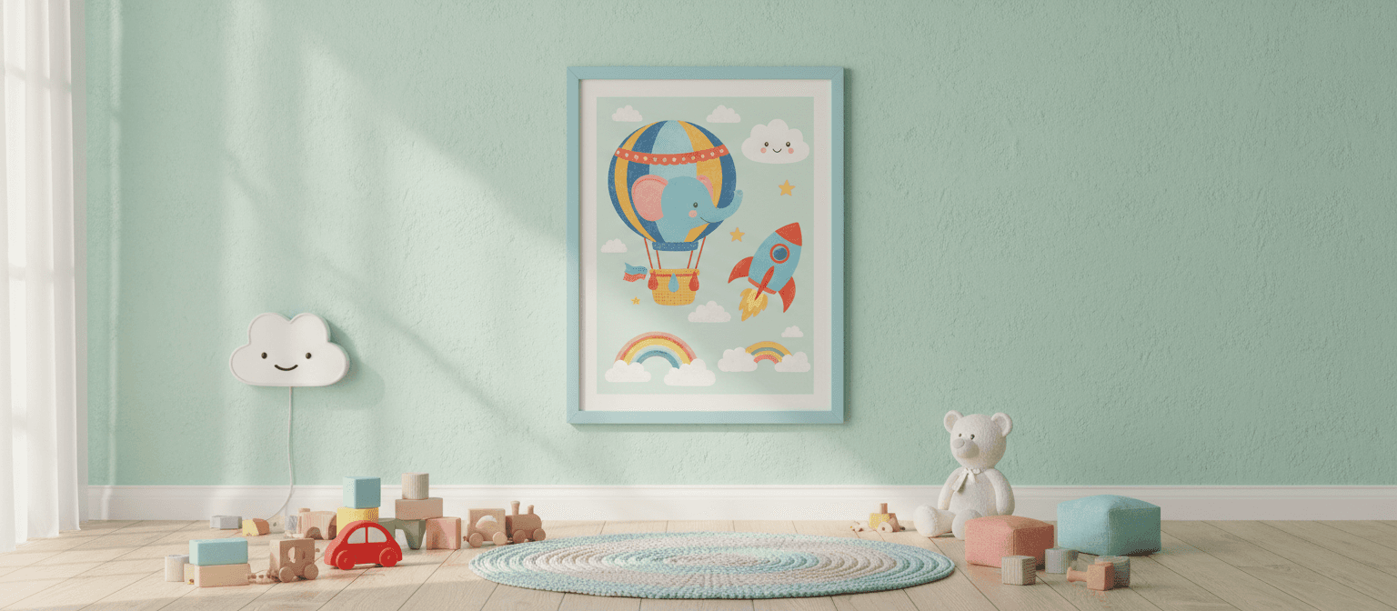 아이 방의 파스텔톤 벽에 있는 장난기 가득한 포스터 목업.