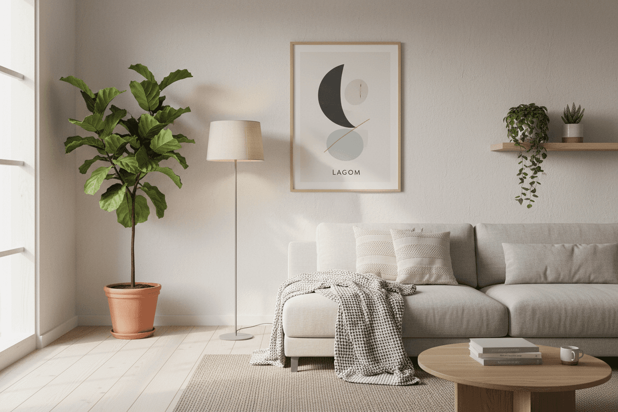 화분 식물이 있는 스칸디나비아 스타일 거실에 놓인 모던 미니멀리스트 포스터 목업.