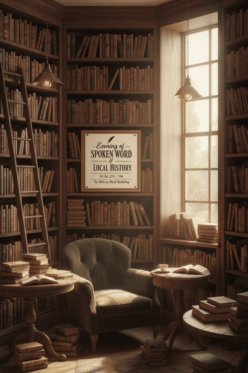 고풍스러운 서점 내부, 오래된 책들로 가득 찬 책장 사이에 놓인 작은 이벤트 포스터 목업, 따뜻하고 매력적인 조명.