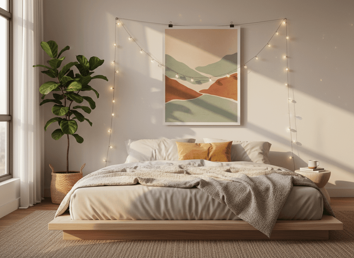 미니멀한 침대 위에 무심하게 걸린 포스터 목업, 따뜻한 줄조명, 침대 옆 식물, 골든 아워 조명의 감성적인 침실.