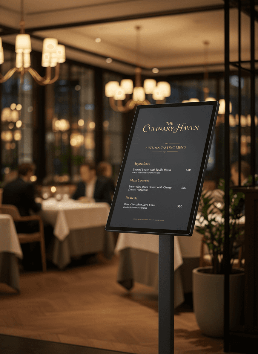 현대적인 레스토랑 스탠드에 있는 세련된 포스터 목업.