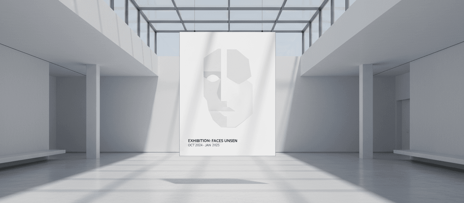 밝게 조명된 삭막한 건축 공간에 우아하게 떠 있는 미니멀리스트 전시 포스터 목업.