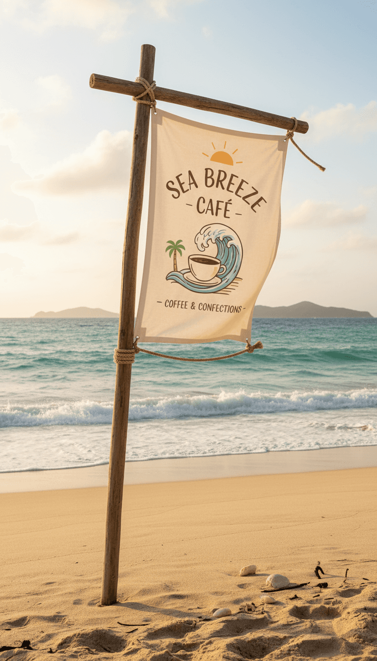 해변 카페의 바닷바람에 날리는 캔버스 포스터 목업.