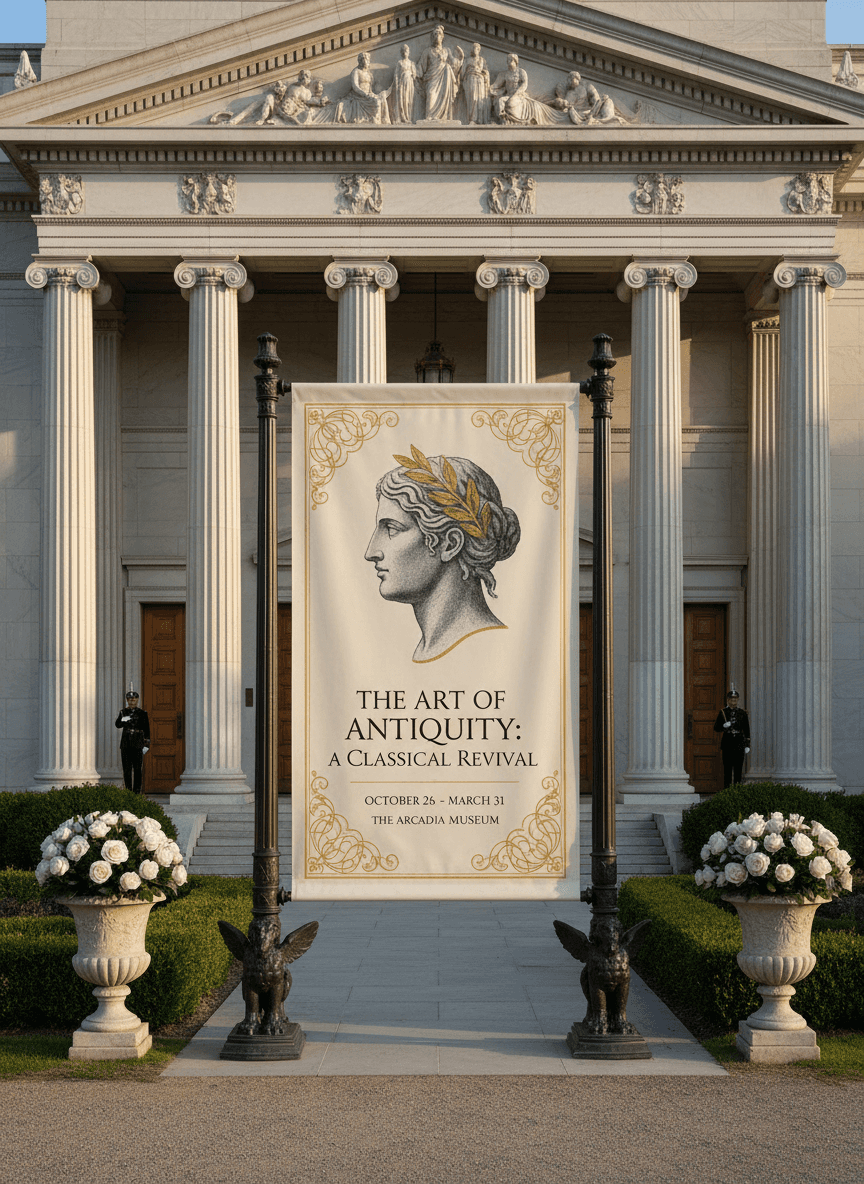 전시회장 입구의 웅장한 배너 스탠드 포스터 목업.