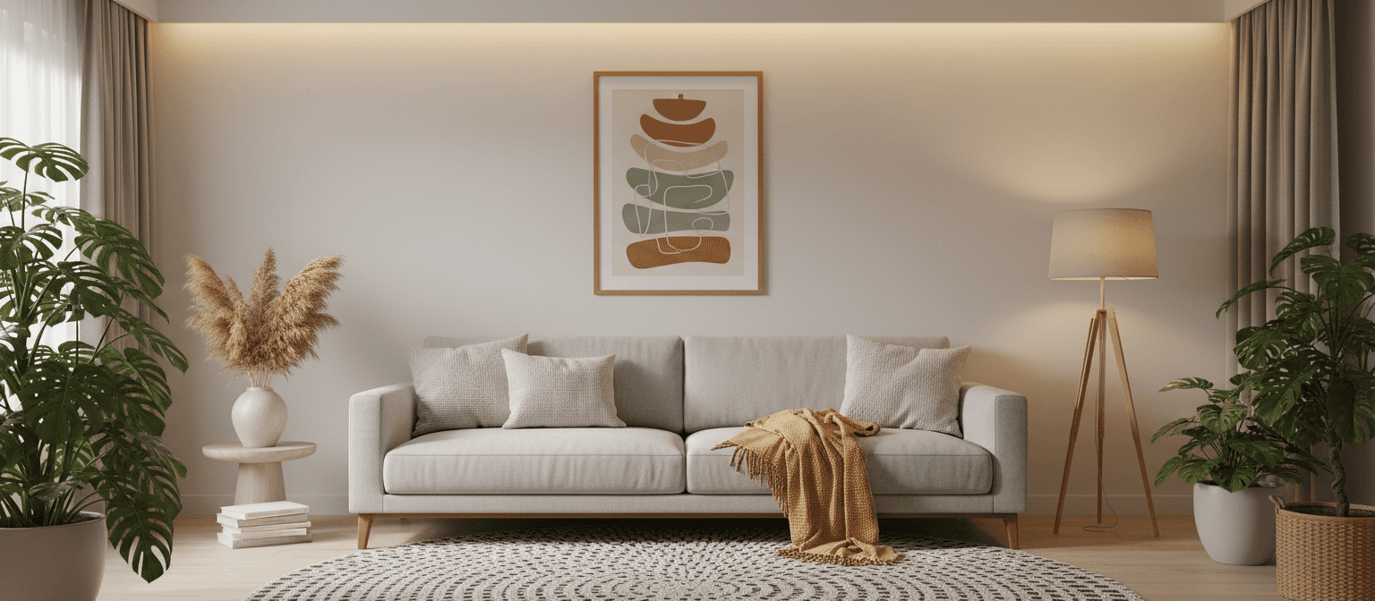 거실 현대적인 소파 위에 걸린 액자 포스터 목업.