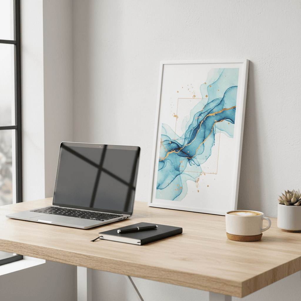 노트북과 함께 미니멀한 책상 작업 공간에 있는 A4 포스터 목업.