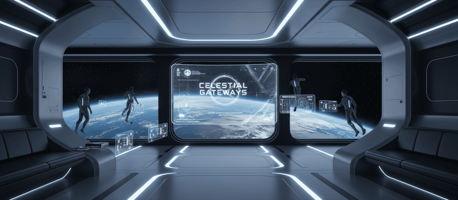 미래형 우주 정거장 내부, 무중력 상태로 떠 있는 투명 디지털 패널에 고화질 포스터 목업, 배경 창문 너머로 보이는 지구.