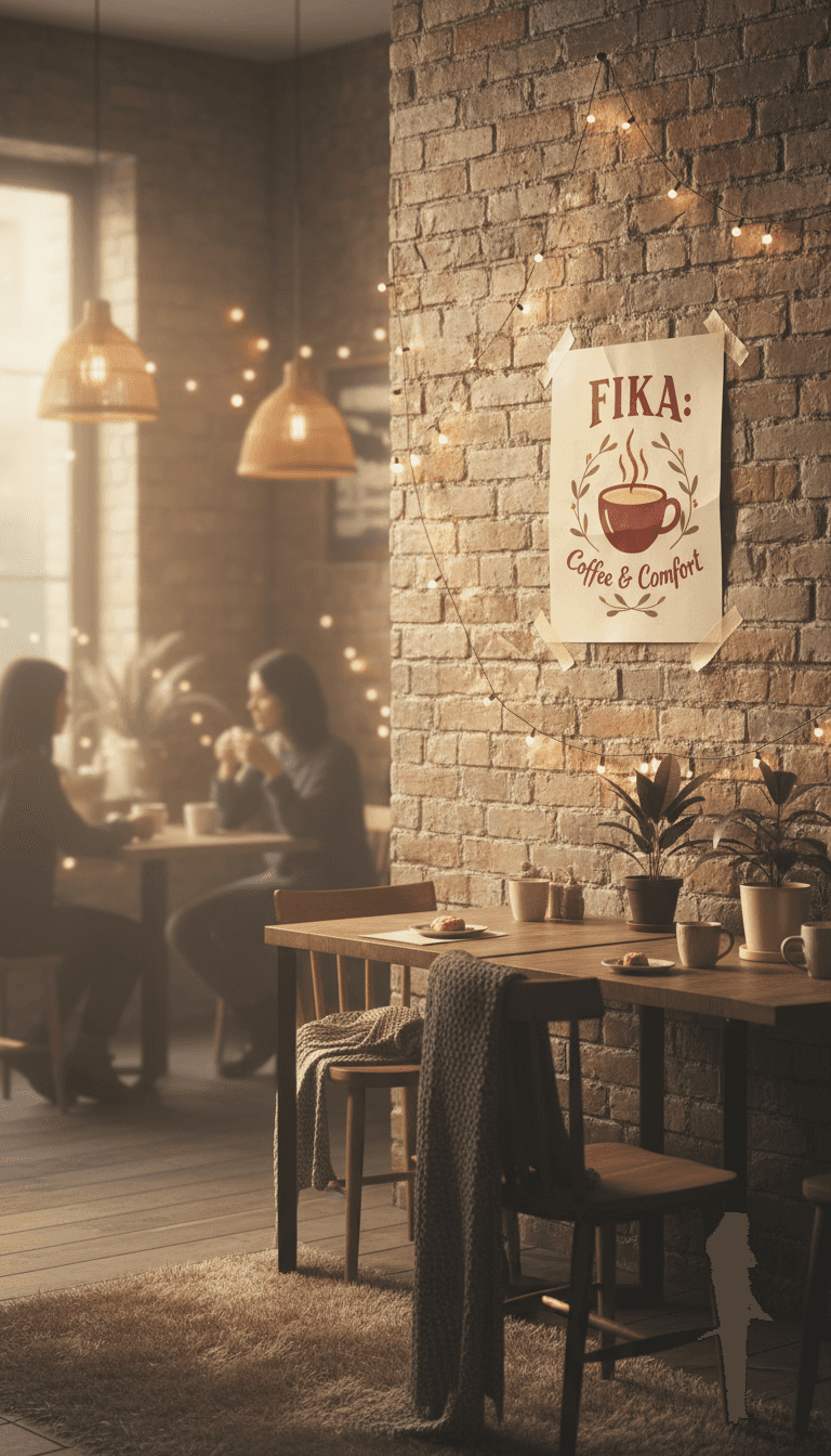 벽돌 벽에 테이프로 붙여진 빈티지 포스터 목업이 있는 아늑한 카페 내부, 따뜻한 조명과 흐릿한 손님들.