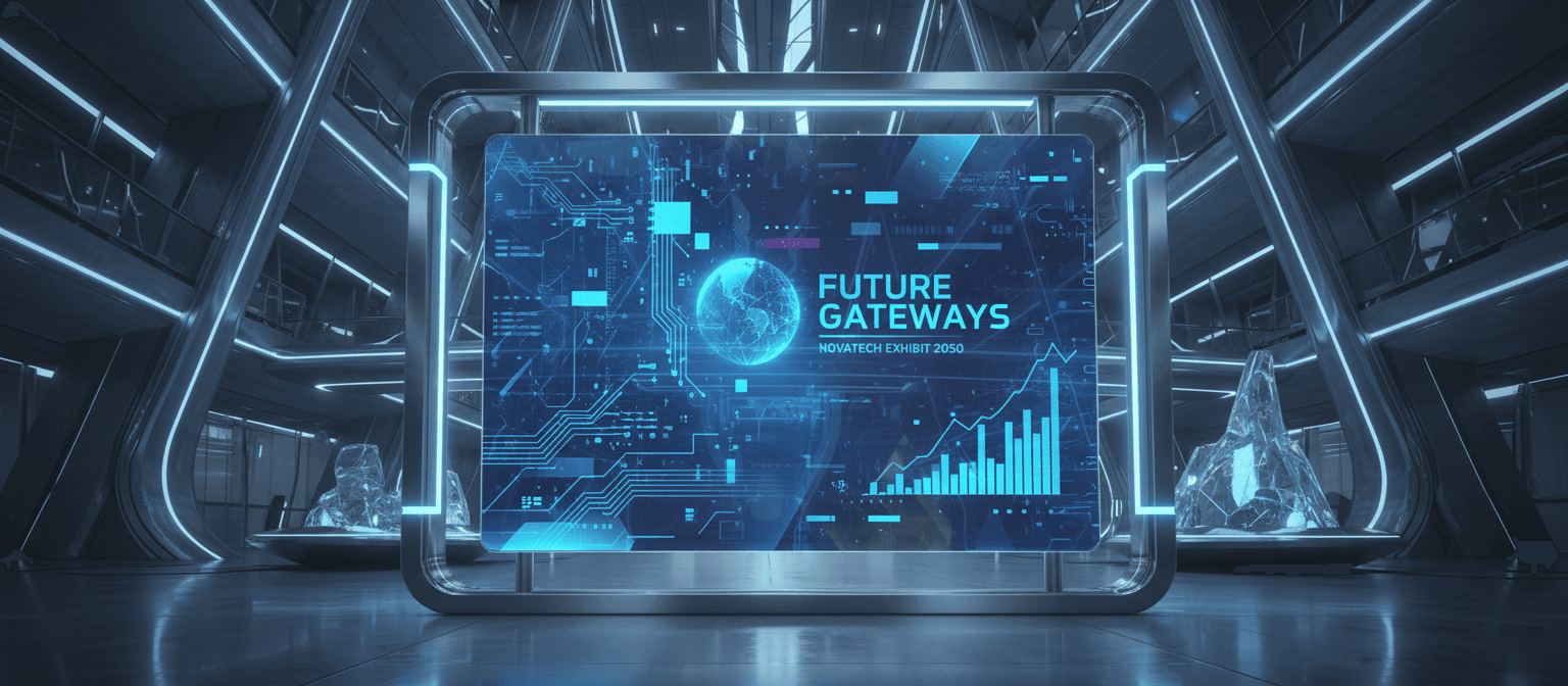 투명 유리 스크린에 표시된 미래형 디지털 포스터 목업.