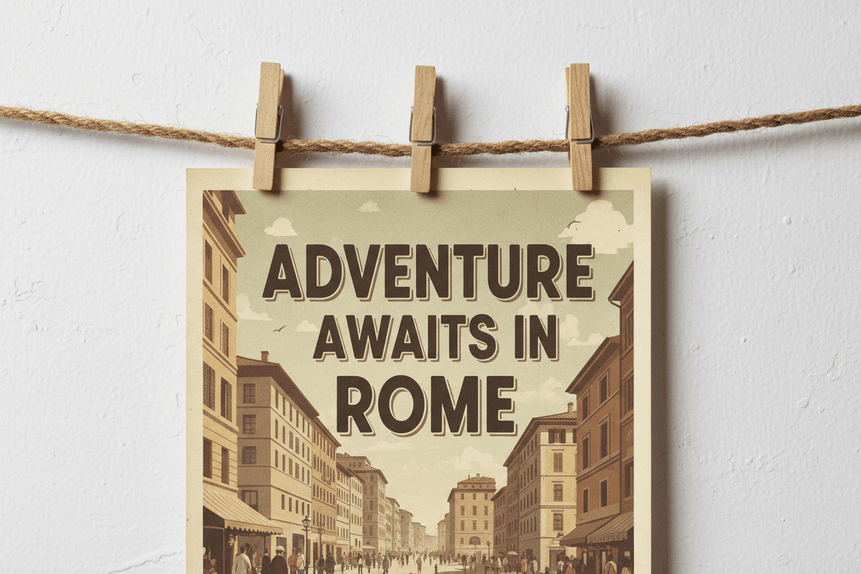 평평한 벽에 빨래집게로 로프에 걸린 빈티지 여행 포스터 목업.