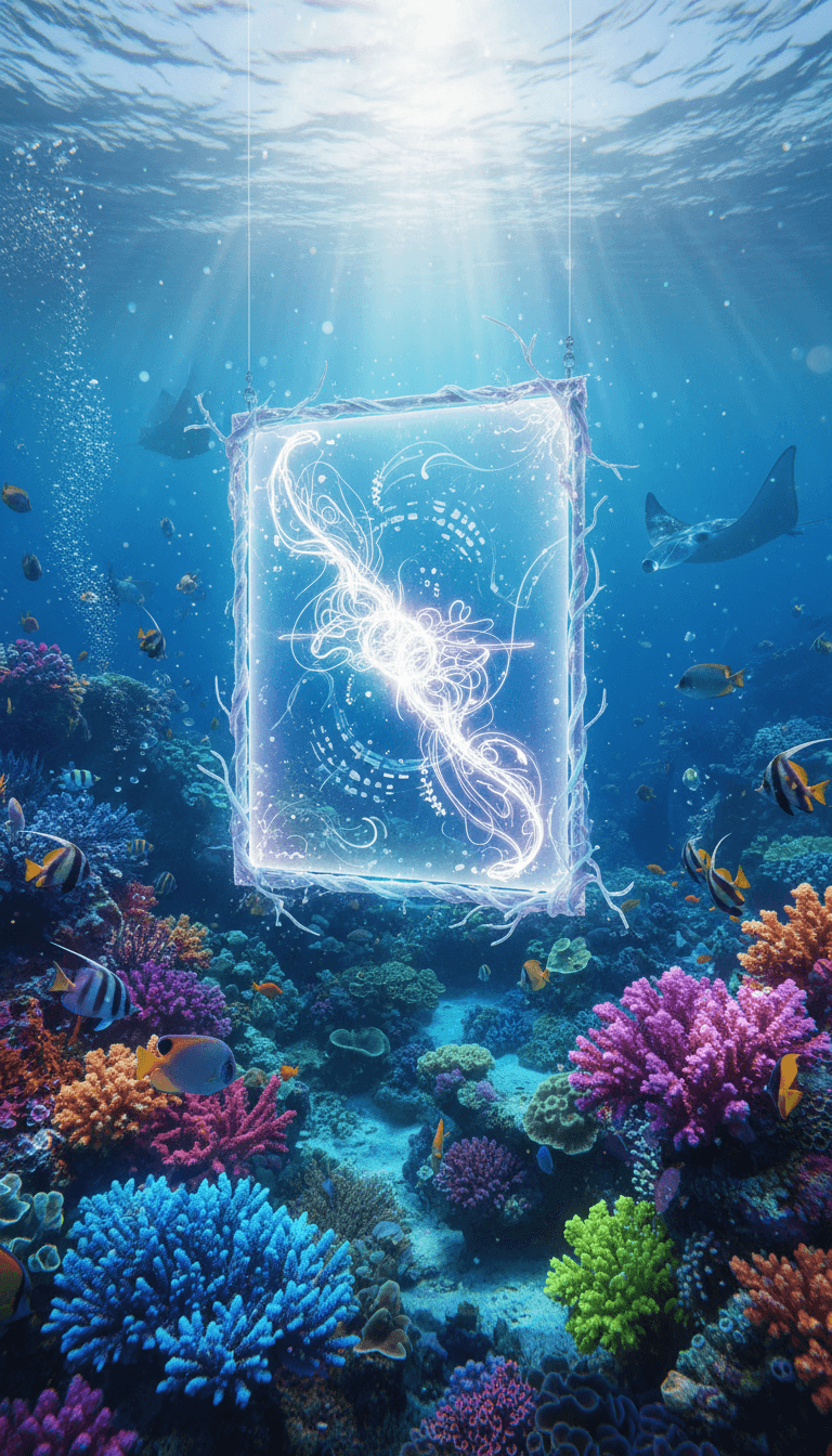 환상적인 수중 장면, 생생한 산호초와 이국적인 물고기들 사이에 잠긴 빛나는 투명 포스터 목업, 수면에서 비치는 신비로운 빛.