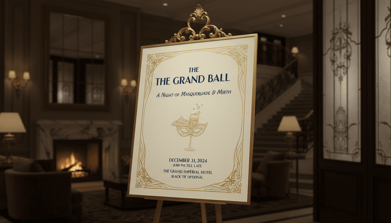 어두운 조명의 고급 호텔 로비에 있는 우아한 이벤트 포스터 목업.