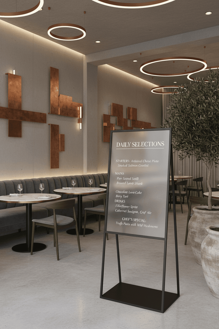 세련된 현대식 레스토랑 내부, 입구 근처에 일일 메뉴판으로 디자인된 포스터 목업, 깔끔한 라인과 부드러운 천장 조명.