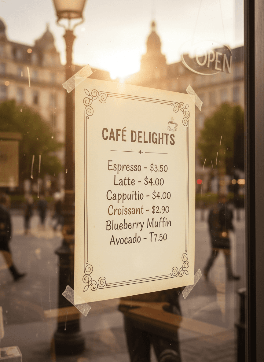 빛 반사가 있는 매력적인 카페 창문에 있는 메뉴 포스터 목업.