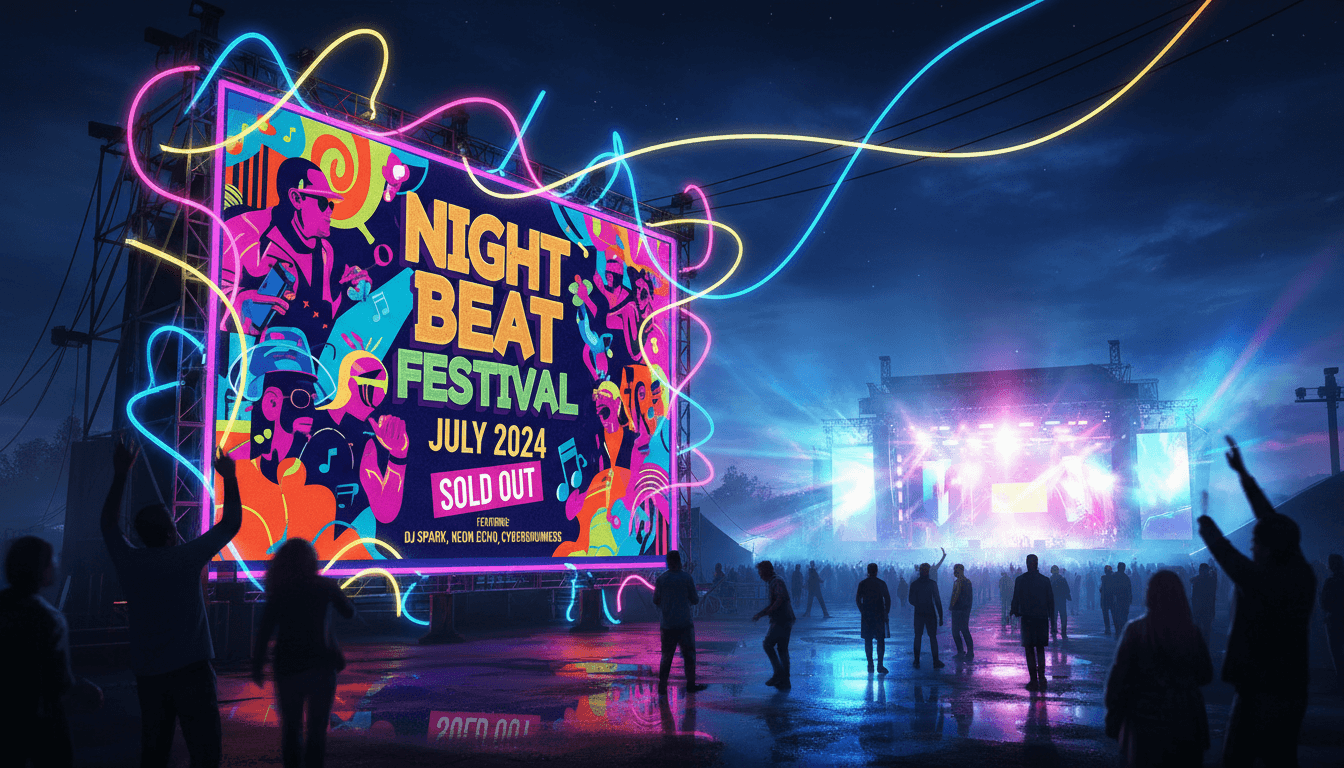 네온 불빛 아래 활기찬 콘서트장 입구 포스터 목업.