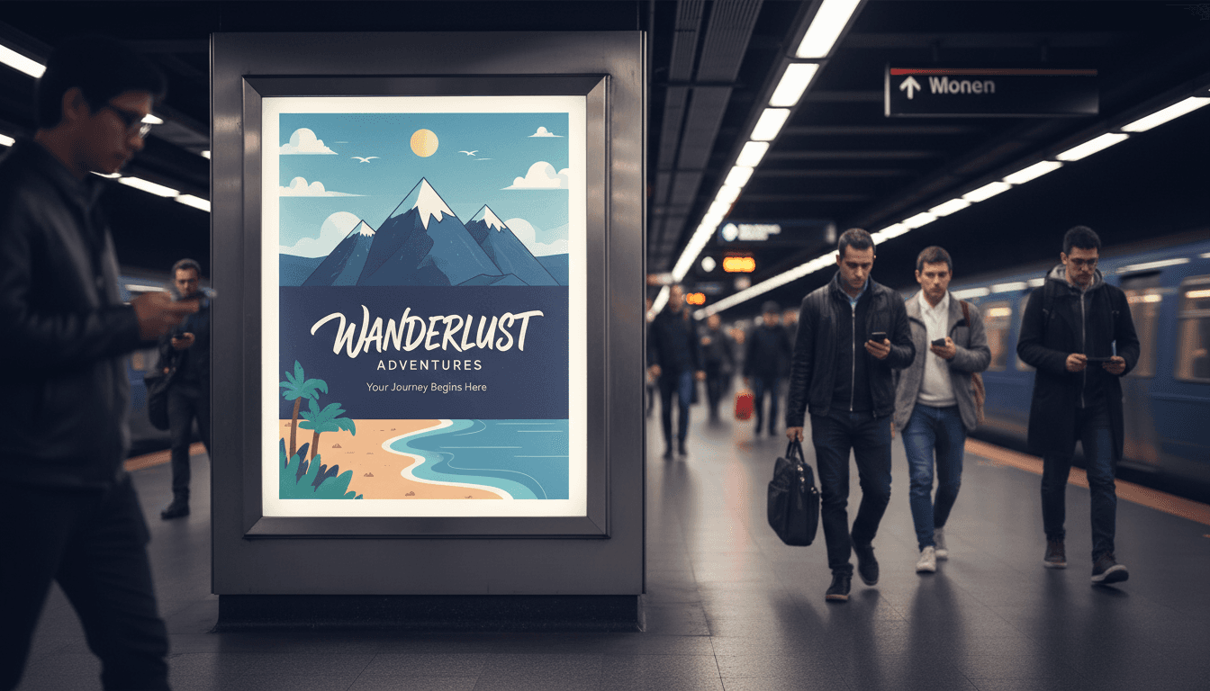 배경에 보케 조명과 통근자가 있는 지하철 승강장의 광고 포스터 목업.