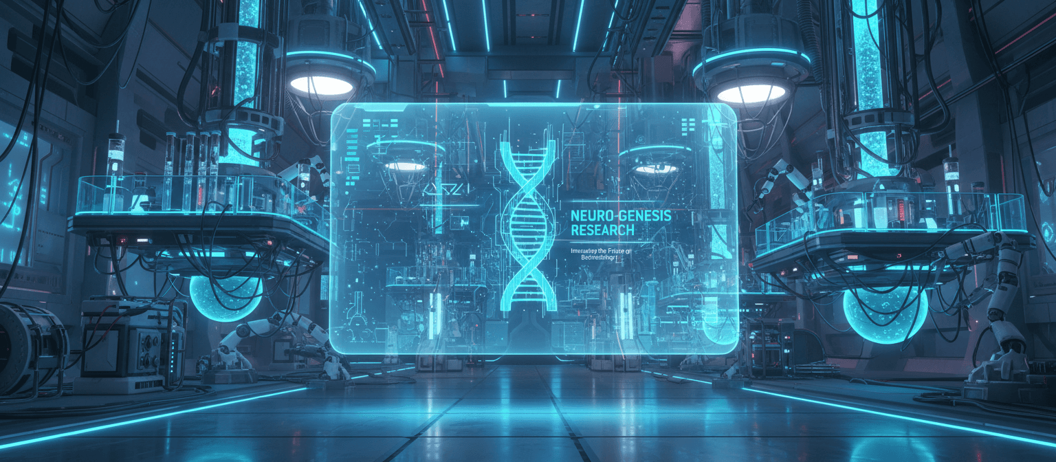 미래 지향적인 하이테크 실험실, 홀로그램 스크린에 표시된 포스터 목업, 빛나는 파란 조명과 정교한 기계.