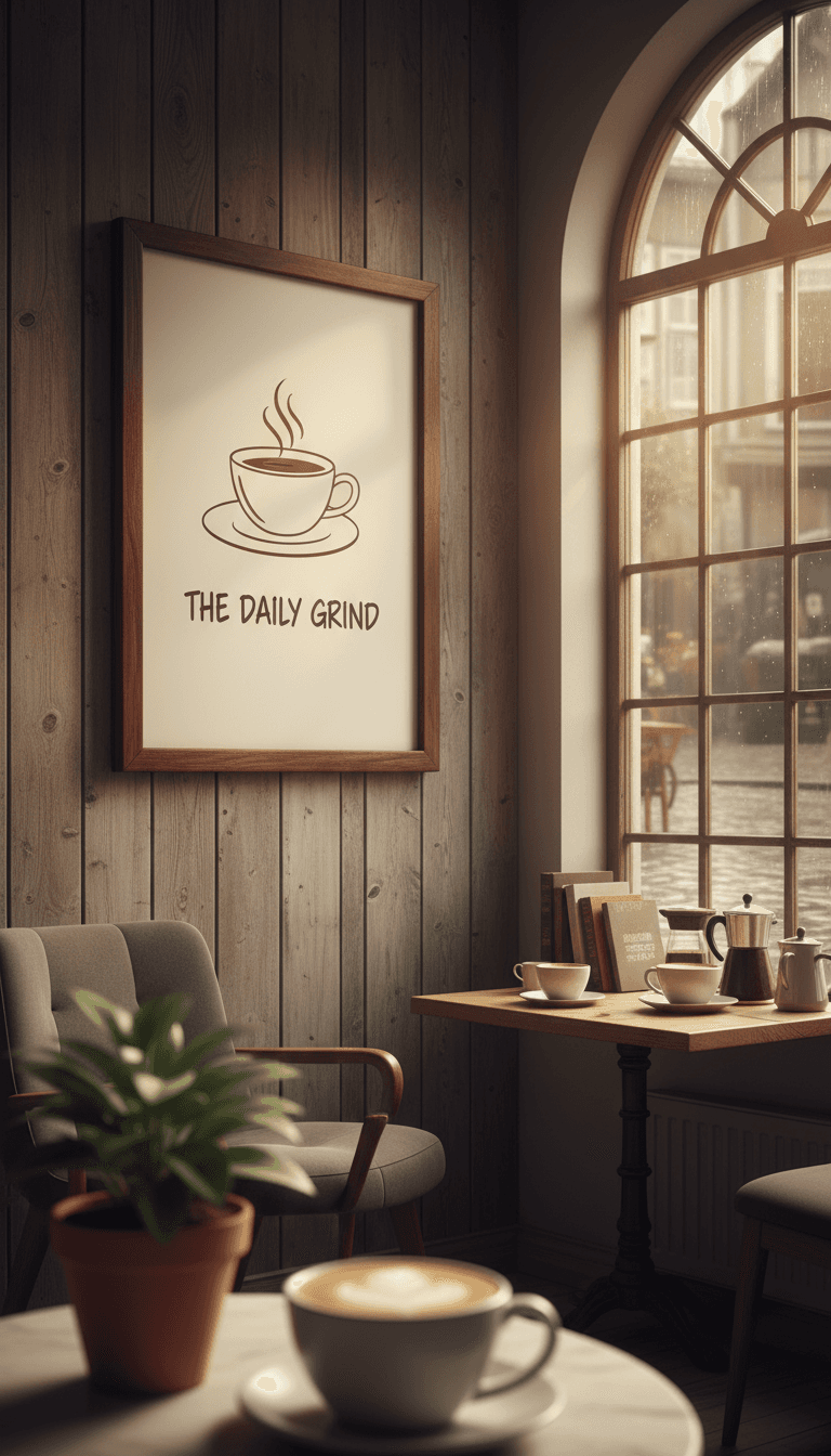 아늑한 카페 인테리어의 액자 포스터 목업.