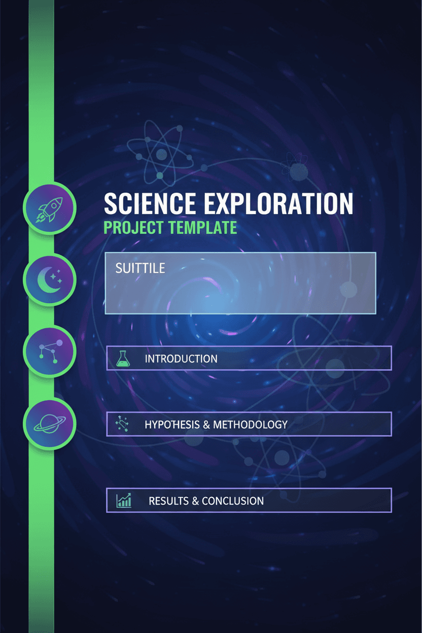 원자 구조 배경과 우주 테마가 있는 교육용 과학 프로젝트 PPT 템플릿.