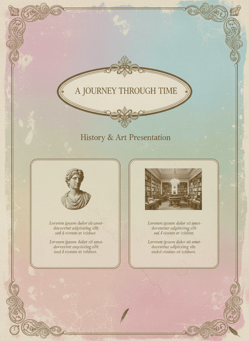 퇴색된 파스텔, 낡은 질감, 우아한 세리프 글꼴이 특징인 빈티지에서 영감을 받은 PPT 템플릿.