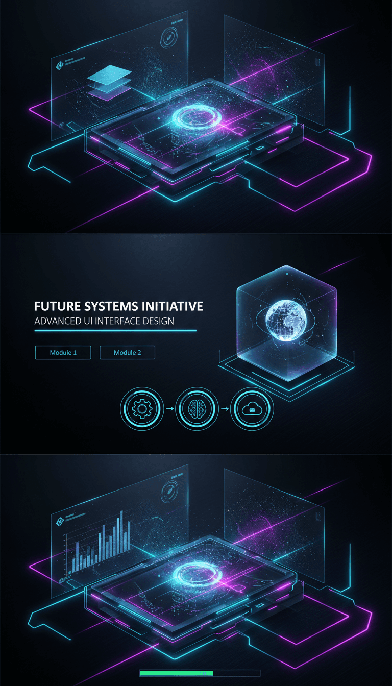 네온 선, 회로 패턴, 홀로그래픽 액센트가 있는 미래 지향적인 기술 PPT 템플릿.